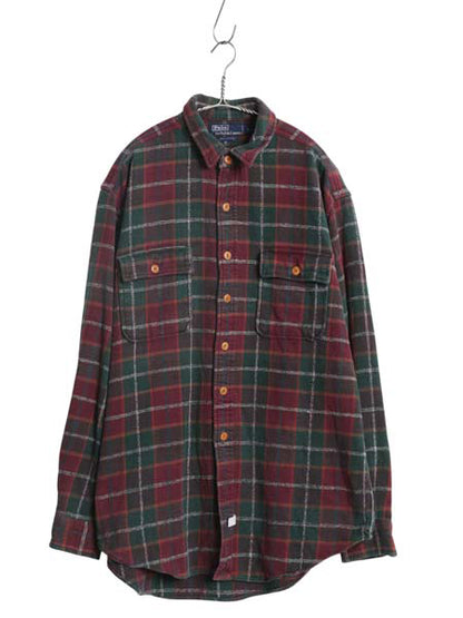 90s ポロ ラルフローレン チェック 長袖 ヘビー フランネル シャツ メンズ L / オールド 長袖シャツ ネルシャツ ヘビーウェイト コットン