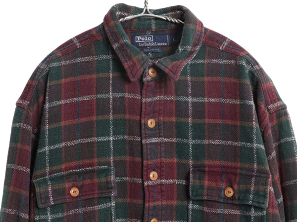 90s ポロ ラルフローレン チェック 長袖 ヘビー フランネル シャツ メンズ L / オールド 長袖シャツ ネルシャツ ヘビーウェイト コットン