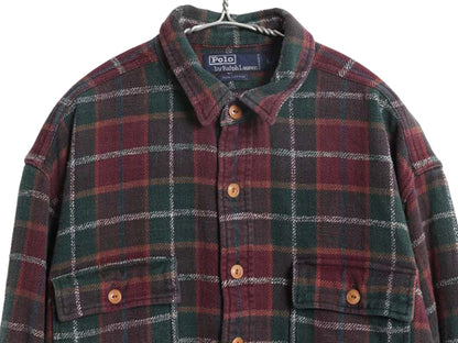 90s ポロ ラルフローレン チェック 長袖 ヘビー フランネル シャツ メンズ L / オールド 長袖シャツ ネルシャツ ヘビーウェイト コットン