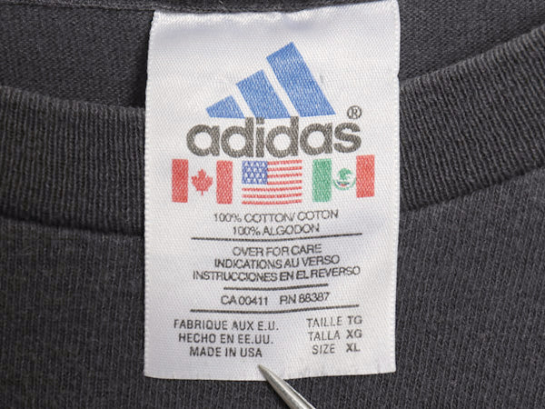 90s USA製 アディダス 両面 プリント Tシャツ メンズ XL / オールド ヘビーウェイト コットン カットソー 3ライン 大きいサイズ ブラック 