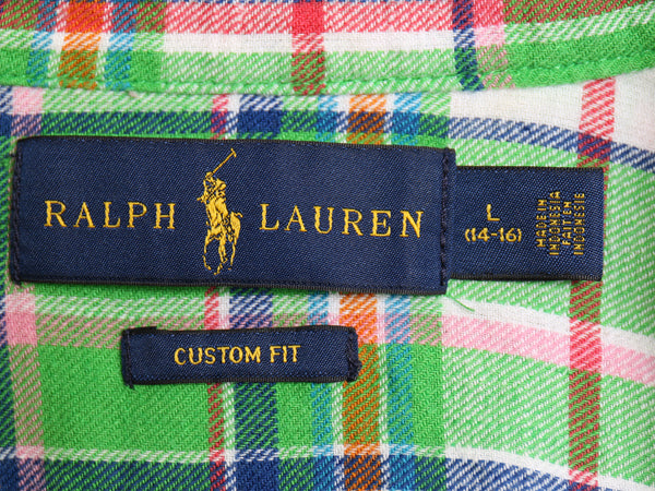 ラルフローレン チェック 長袖 ボタンダウン シャツ キッズ L メンズ XS ポロ CUSTOM FIT  麻 リネン コットン マルチカラー ワンポイント