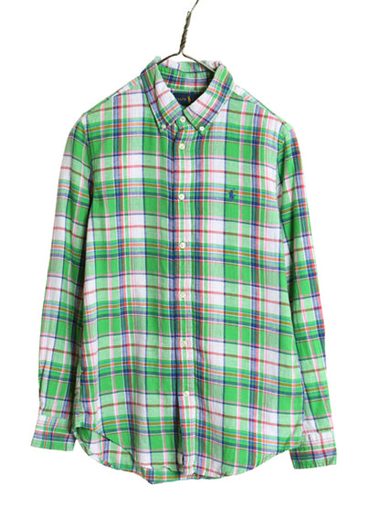 ラルフローレン チェック 長袖 ボタンダウン シャツ キッズ L メンズ XS ポロ CUSTOM FIT  麻 リネン コットン マルチカラー ワンポイント