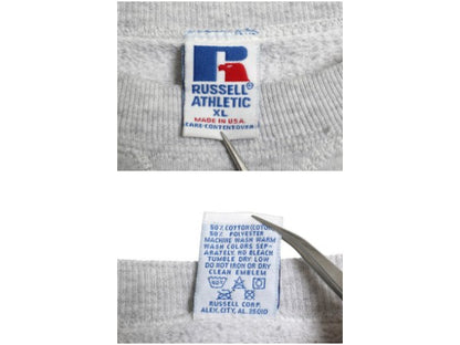 90s USA製 ラッセル 2段 カレッジ プリント スウェット メンズ レディース XL オールド トレーナー 裏起毛 前V クルーネック 大きいサイズ