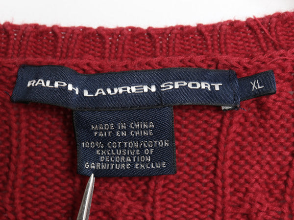 ラルフローレン コットン ケーブル ニット セーター レディース XL ポロ スポーツ Vネック ポニー 大きいサイズ きれいめ ダーク レッド