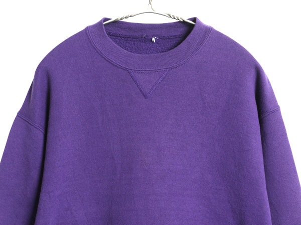 90s ラッセル 無地 スウェット メンズ レディース L 程 古着 オールド トレーナー 前V 裏起毛 ワンポイント ブランク シンプル パープル 紫