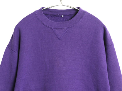 90s ラッセル 無地 スウェット メンズ レディース L 程 古着 オールド トレーナー 前V 裏起毛 ワンポイント ブランク シンプル パープル 紫