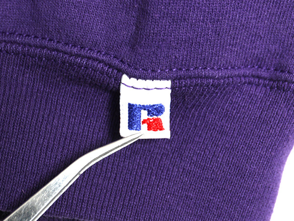 90s ラッセル 無地 スウェット メンズ レディース L 程 古着 オールド トレーナー 前V 裏起毛 ワンポイント ブランク シンプル パープル 紫