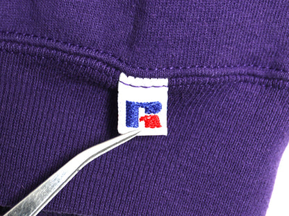 90s ラッセル 無地 スウェット メンズ レディース L 程 古着 オールド トレーナー 前V 裏起毛 ワンポイント ブランク シンプル パープル 紫