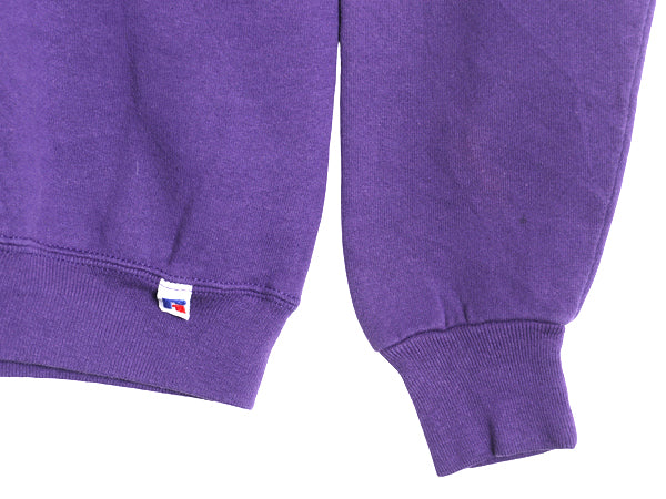 90s ラッセル 無地 スウェット メンズ レディース L 程 古着 オールド トレーナー 前V 裏起毛 ワンポイント ブランク シンプル パープル 紫