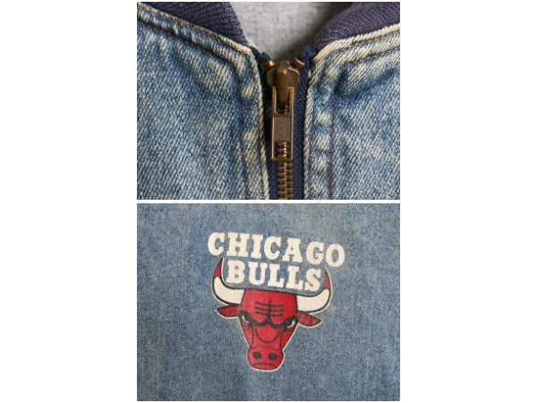 90s ブルズ フルジップ デニム ジャケット メンズ M 古着 当時物 オールド NBA オフィシャル バスケ ジージャン ジョーダン スイングトップ
