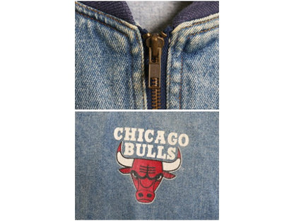 90s ブルズ フルジップ デニム ジャケット メンズ M 古着 当時物 オールド NBA オフィシャル バスケ ジージャン ジョーダン スイングトップ
