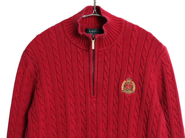 90s ローレン ラルフローレン ハーフジップ コットン ケーブル ニット セーター レディース M / オールド ポロ ハイネック ロゴ刺繍 レッド