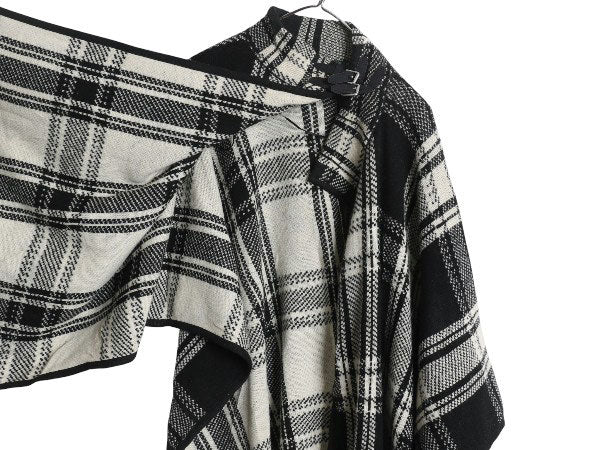00s ローレン ラルフローレン ラム ウール ポンチョ レディース S M 古着 オールド ポロ ケープ チェック ジャケット マント 羽織り 黒 白