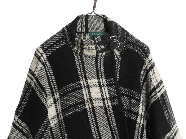 00s ローレン ラルフローレン ラム ウール ポンチョ レディース S M 古着 オールド ポロ ケープ チェック ジャケット マント 羽織り 黒 白