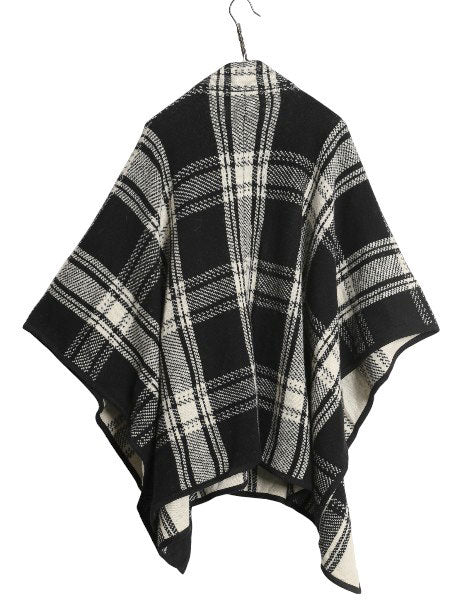 00s ローレン ラルフローレン ラム ウール ポンチョ レディース S M 古着 オールド ポロ ケープ チェック ジャケット マント 羽織り 黒 白