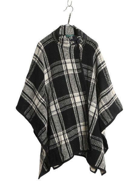 00s ローレン ラルフローレン ラム ウール ポンチョ レディース S M 古着 オールド ポロ ケープ チェック ジャケット マント 羽織り 黒 白