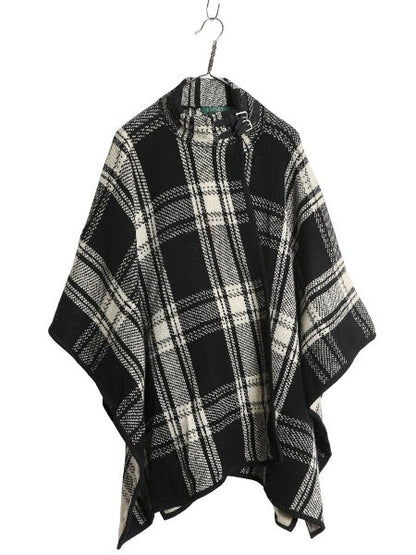 00s ローレン ラルフローレン ラム ウール ポンチョ レディース S M 古着 オールド ポロ ケープ チェック ジャケット マント 羽織り 黒 白