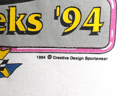90s USA製 ナスカー 両面 イラスト プリント Tシャツ メンズ L 程 オールド 当時物 オフィシャル グラフィック モータースポーツ レース 白