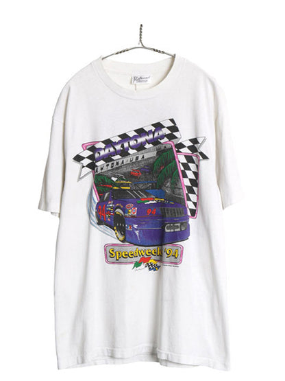 90s USA製 ナスカー 両面 イラスト プリント Tシャツ メンズ L 程 オールド 当時物 オフィシャル グラフィック モータースポーツ レース 白