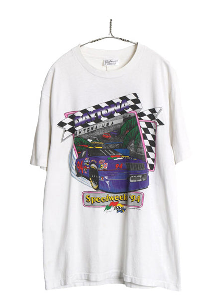 90s USA製 ナスカー 両面 イラスト プリント Tシャツ メンズ L 程 オールド 当時物 オフィシャル グラフィック モータースポーツ レース 白