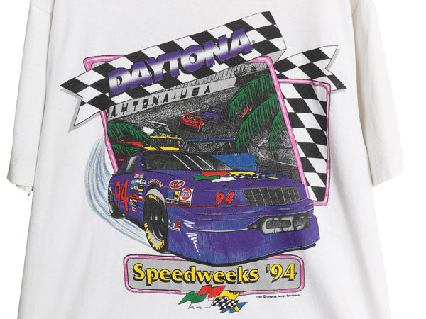 90s USA製 ナスカー 両面 イラスト プリント Tシャツ メンズ L 程 オールド 当時物 オフィシャル グラフィック モータースポーツ レース 白