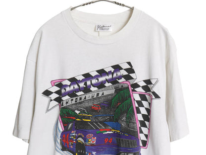 90s USA製 ナスカー 両面 イラスト プリント Tシャツ メンズ L 程 オールド 当時物 オフィシャル グラフィック モータースポーツ レース 白