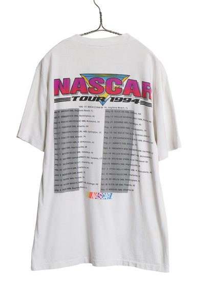 90s USA製 ナスカー 両面 イラスト プリント Tシャツ メンズ L 程 オールド 当時物 オフィシャル グラフィック モータースポーツ レース 白