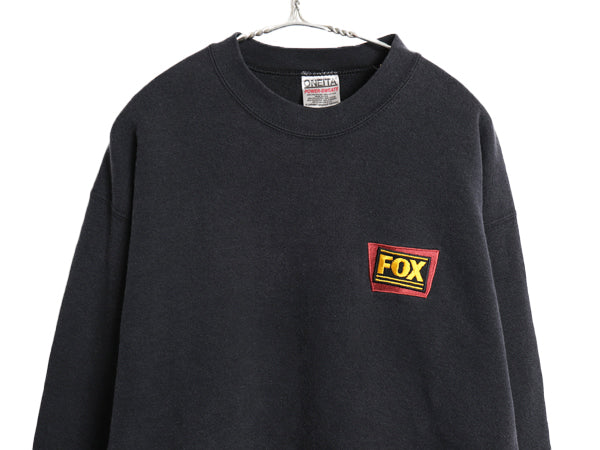 90s USA製 ★ FOX ロゴ刺繍 スウェット メンズ XL 古着 オールド 企業物 当時物 トレーナー ヘビーウェイト クルーネック 大きいサイズ 黒