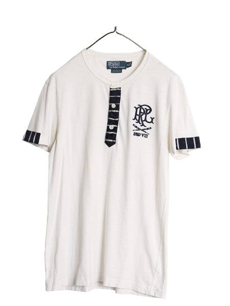00s ポロ ラルフローレン ヘンリーネック 半袖 Tシャツ メンズ M オールド CUSTOM FIT コットン カットソー 細身 ワンポイント ツートン 白