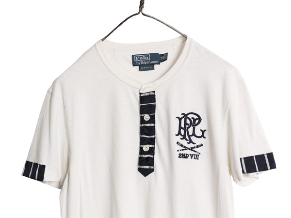00s ポロ ラルフローレン ヘンリーネック 半袖 Tシャツ メンズ M オールド CUSTOM FIT コットン カットソー 細身 ワンポイント ツートン 白