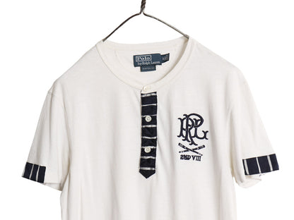 00s ポロ ラルフローレン ヘンリーネック 半袖 Tシャツ メンズ M オールド CUSTOM FIT コットン カットソー 細身 ワンポイント ツートン 白