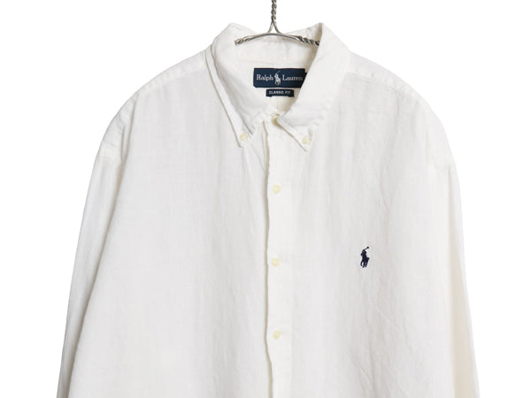90s ラルフローレン 長袖 ボタンダウンシャツ メンズ XL オールド ポロ 100% リネン 麻 長袖シャツ ワンポイント シンプル 大きいサイズ 白