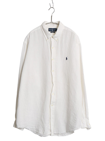 90s ラルフローレン 長袖 ボタンダウンシャツ メンズ XL オールド ポロ 100% リネン 麻 長袖シャツ ワンポイント シンプル 大きいサイズ 白