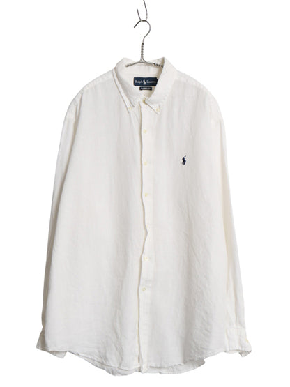 90s ラルフローレン 長袖 ボタンダウンシャツ メンズ XL オールド ポロ 100% リネン 麻 長袖シャツ ワンポイント シンプル 大きいサイズ 白