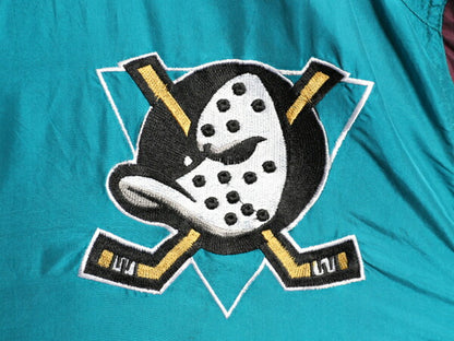 100% シルク 90s ジェフハミルトン マイティ ダックス ブルゾン メンズ M オールド NHL ホッケー トラック ジャケット ボンバー フルジップ