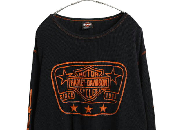00s USA製 ハーレー ダビットソン 4面 プリント サーマル 長袖 Tシャツ メンズ L オールド オフィシャル ロンT ワッフル コットン ブラック