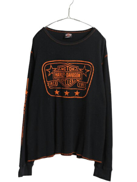 00s USA製 ハーレー ダビットソン 4面 プリント サーマル 長袖 Tシャツ メンズ L オールド オフィシャル ロンT ワッフル コットン ブラック