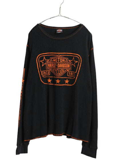 00s USA製 ハーレー ダビットソン 4面 プリント サーマル 長袖 Tシャツ メンズ L オールド オフィシャル ロンT ワッフル コットン ブラック