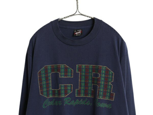 80s USA製 アイオワ プリント 長袖 Tシャツ メンズ L 紺 古着 ヴィンテージ シングルステッチ ロンT クルーネック ロングTシャツ ネイビー