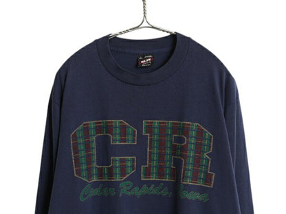 80s USA製 アイオワ プリント 長袖 Tシャツ メンズ L 紺 古着 ヴィンテージ シングルステッチ ロンT クルーネック ロングTシャツ ネイビー