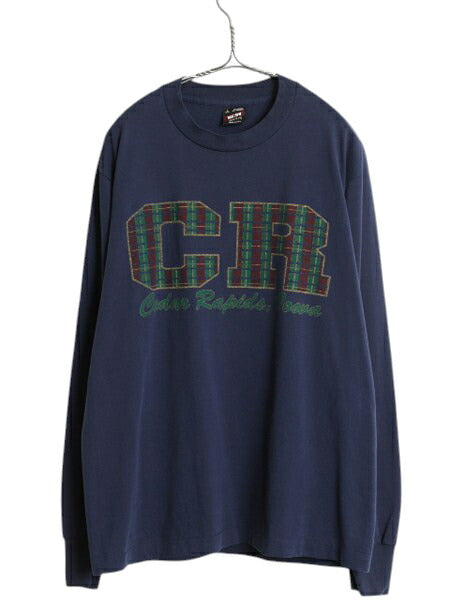 80s USA製 アイオワ プリント 長袖 Tシャツ メンズ L 紺 古着 ヴィンテージ シングルステッチ ロンT クルーネック ロングTシャツ ネイビー