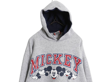90s USA製 ミッキー プリント スウェット フード パーカー メンズ レディース M / オールド ディズニー オフィシャル トレーナー 裏起毛 灰