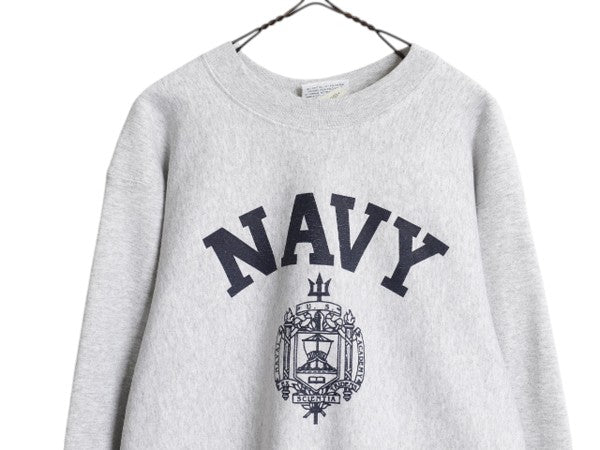 90s USA製 US NAVY プリント スウェット メンズ XS オールド リバース タイプ ヘビーウェイト トレーナー ミリタリー 裏起毛 杢 グレー USN