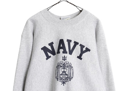 90s USA製 US NAVY プリント スウェット メンズ XS オールド リバース タイプ ヘビーウェイト トレーナー ミリタリー 裏起毛 杢 グレー USN