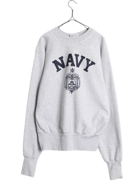 90s USA製 US NAVY プリント スウェット メンズ XS オールド リバース タイプ ヘビーウェイト トレーナー ミリタリー 裏起毛 杢 グレー USN