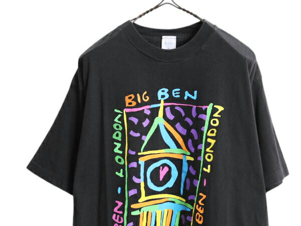 90s アート イラスト プリント Tシャツ メンズ XL / 古着 当時物 オールド グラフィック ヘビーウェイト シングルステッチ 大きいサイズ 黒