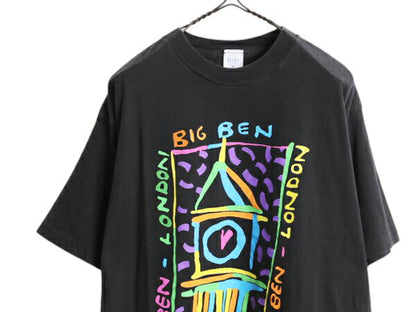 90s アート イラスト プリント Tシャツ メンズ XL / 古着 当時物 オールド グラフィック ヘビーウェイト シングルステッチ 大きいサイズ 黒