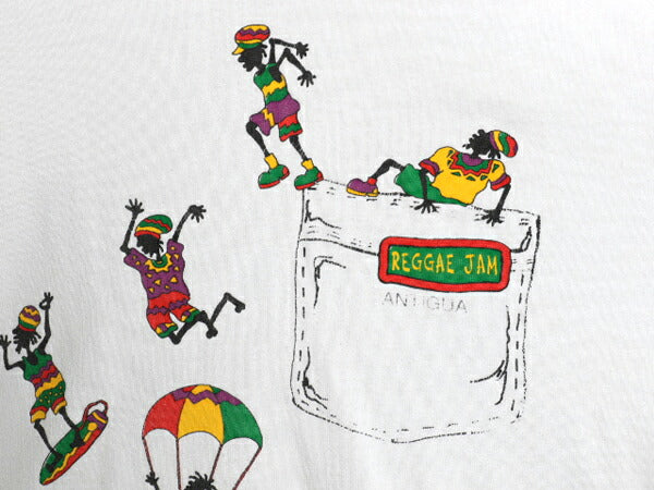 90s ジャマイカ製 レゲエ 4面 イラスト プリント Tシャツ メンズ XL 古着 オールド ラスタ 音物 バンド シングルステッチ 白 大きいサイズ