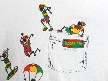 90s ジャマイカ製 レゲエ 4面 イラスト プリント Tシャツ メンズ XL 古着 オールド ラスタ 音物 バンド シングルステッチ 白 大きいサイズ