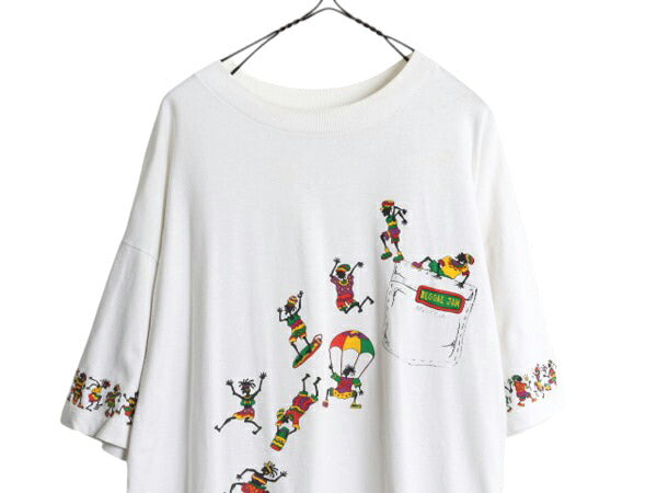 90s ジャマイカ製 レゲエ 4面 イラスト プリント Tシャツ メンズ XL 古着 オールド ラスタ 音物 バンド シングルステッチ 白 大きいサイズ
